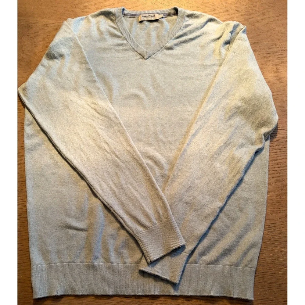 James Pringle Premium Mens V-Neck Sweater Light Blue/Grey Fine Knit Size Large